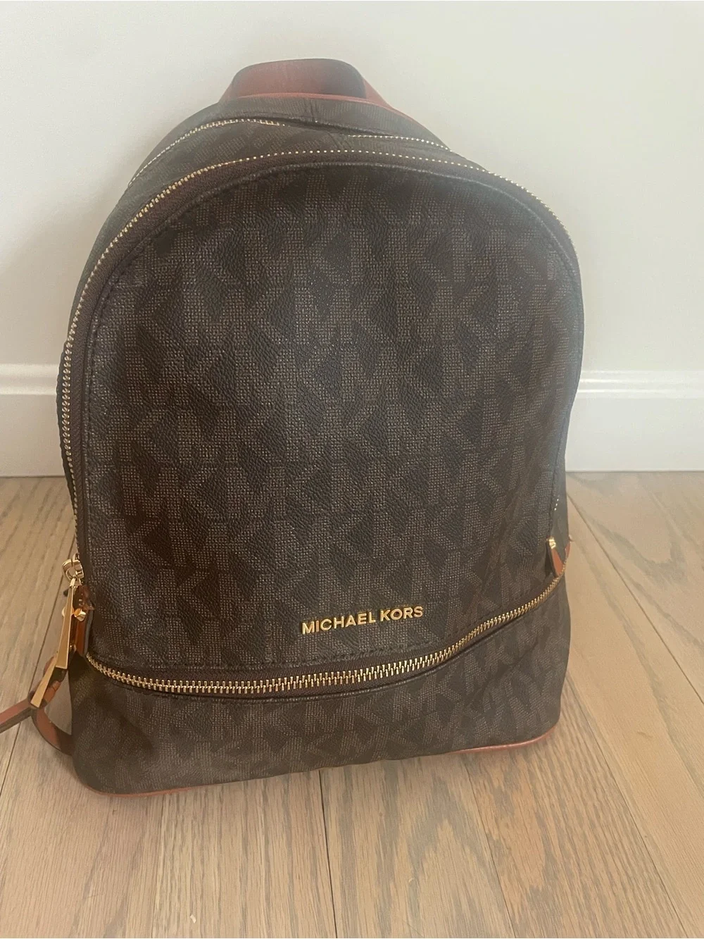 Michael Kors Rhea Women Medium MK Logo Backpack Brown Satchel Handbag